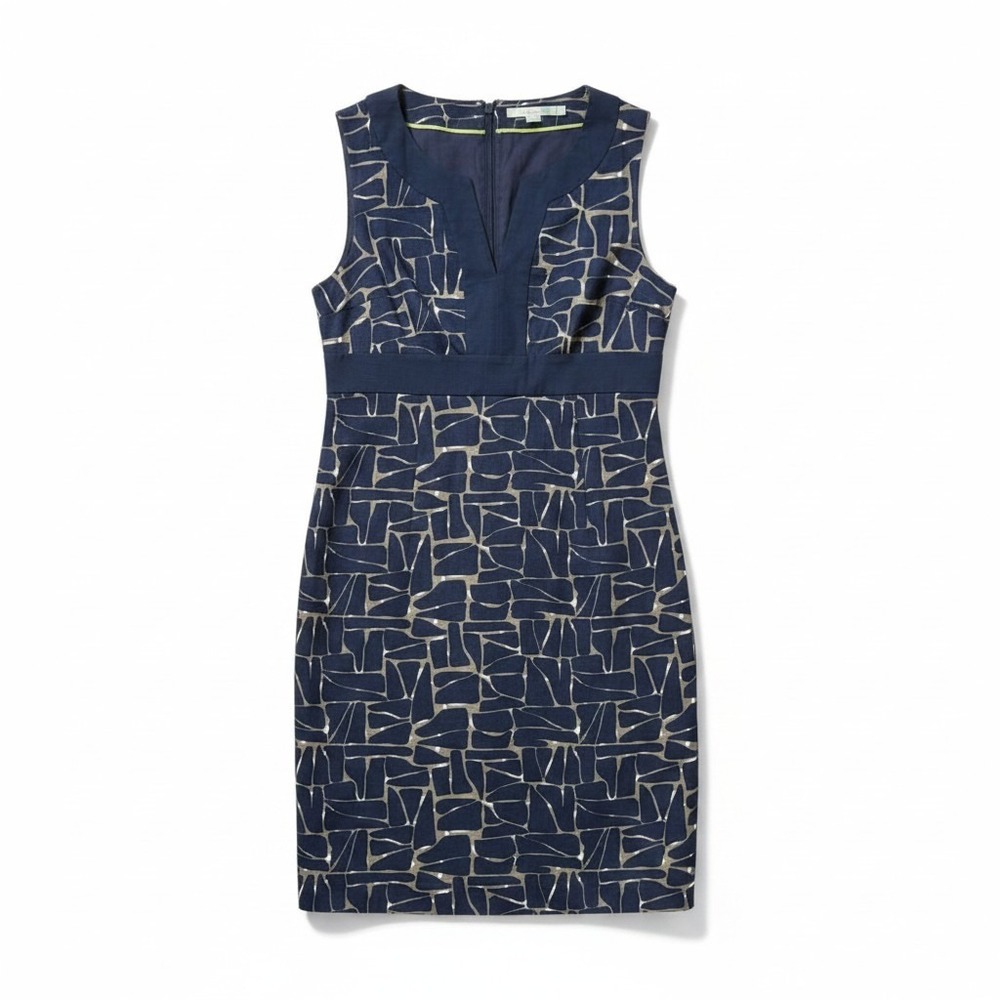 Boden Sheath Dress 4R Navy Blue Geometric Cotton Sleeveless Preppy Mod WH249